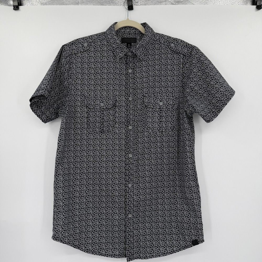 Steves Jeans Mens Black White Geometric Floral Short Sleeve Button Down Medium